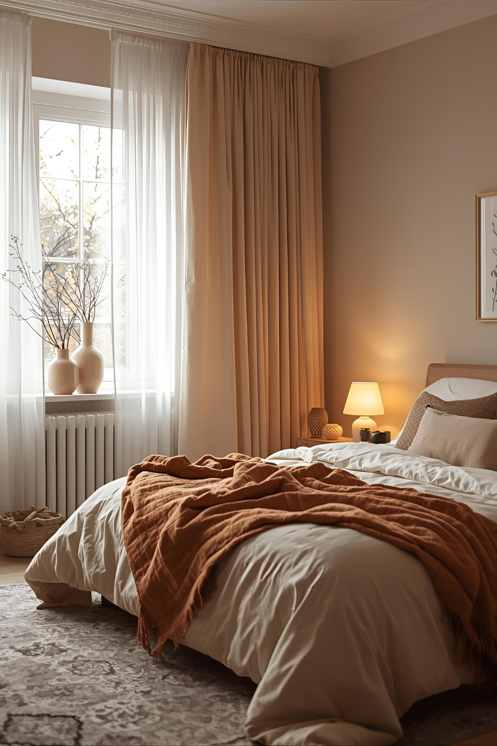 Quilted comforter styled on a cozy fall bed with warm autumn tones